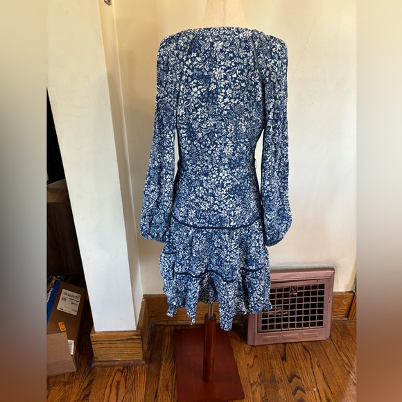Madewell Tie Waist Long Sleeve Tiered Mini Dress Blue Ditsy Floral Size 00 - Picture 7 of 8